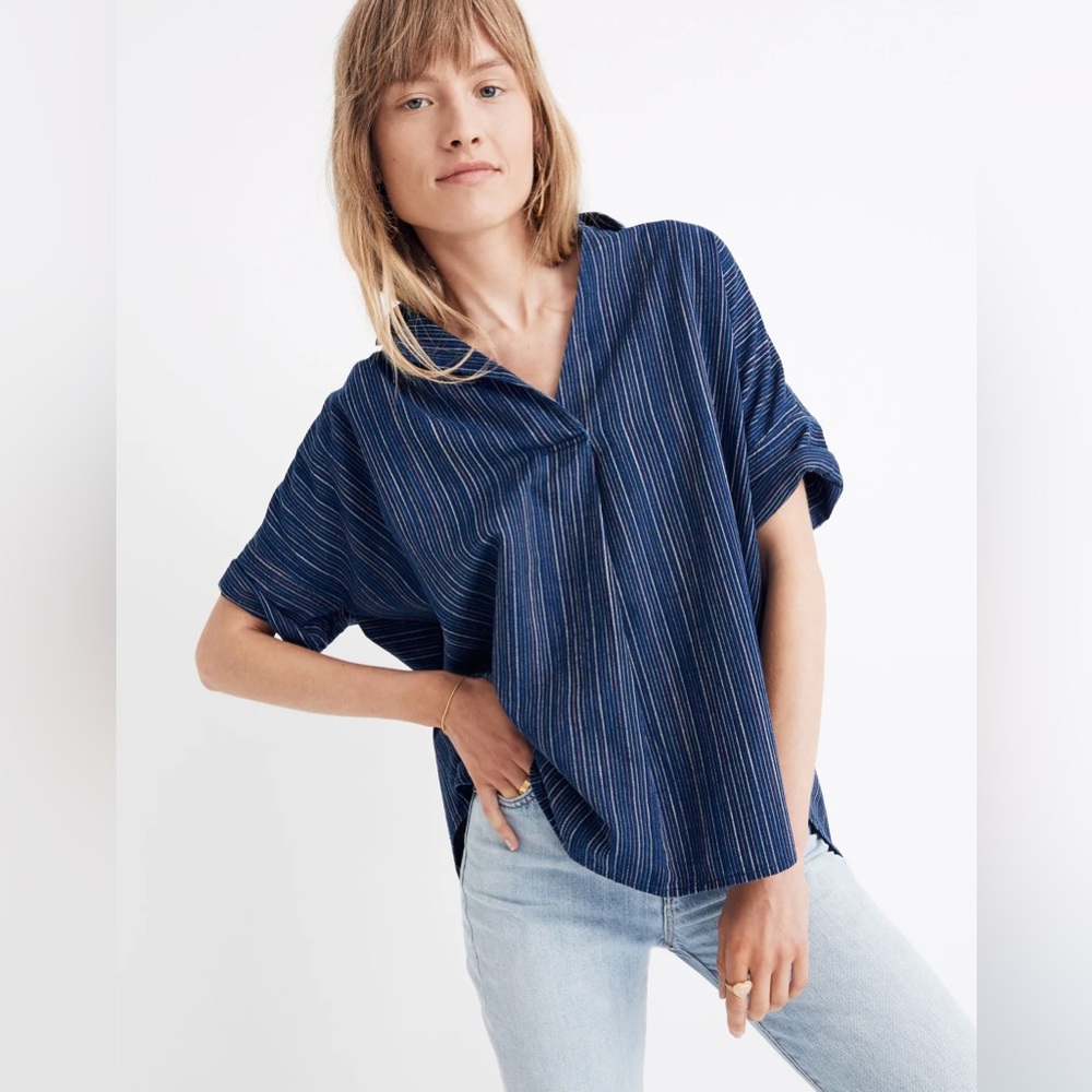 Madewell Navy Striped Short-Sleeve V-Neck Top
